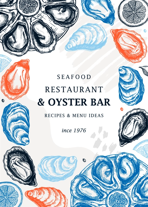 Hand-drawn oysters trendy menu template. Hand sketched cooked sea food illustrations. Collage with oysters hand-drawing. Mollusks modern card or banner design in sketched style.